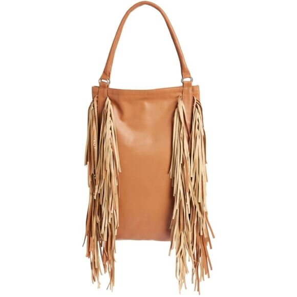 NWT AREA Stars Fringe Faux Leather HOBO Bag, 17"x12.5"X4", Light Brown C… - Picture 3 of 9